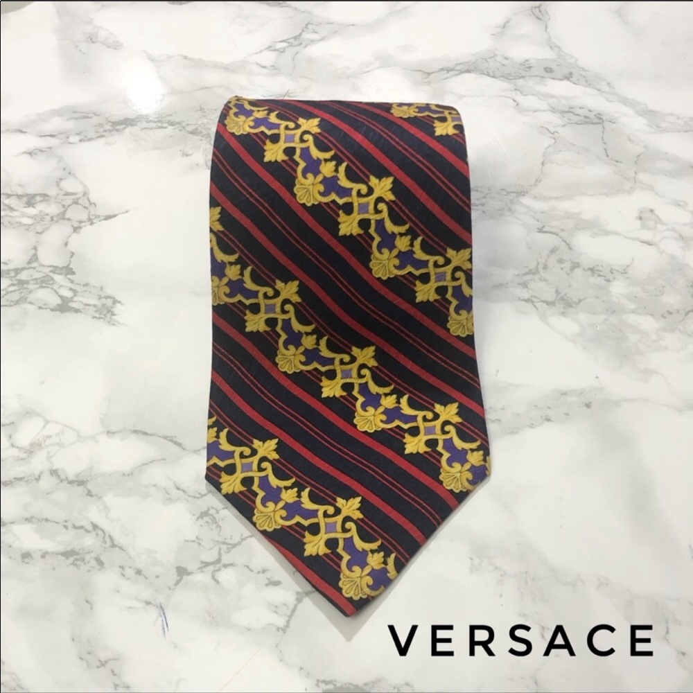 Versace Red Purple Gold Baroque Striped Silk Tie